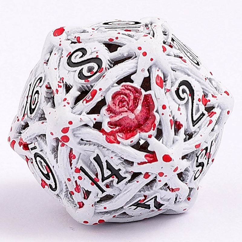 Hollow Metal Rose Dice Set - White w/Blood Splatter