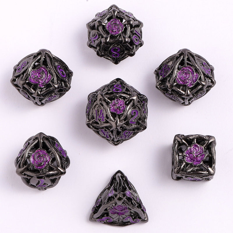 Hollow Metal Rose Dice Set - Gunmetal w/Purple