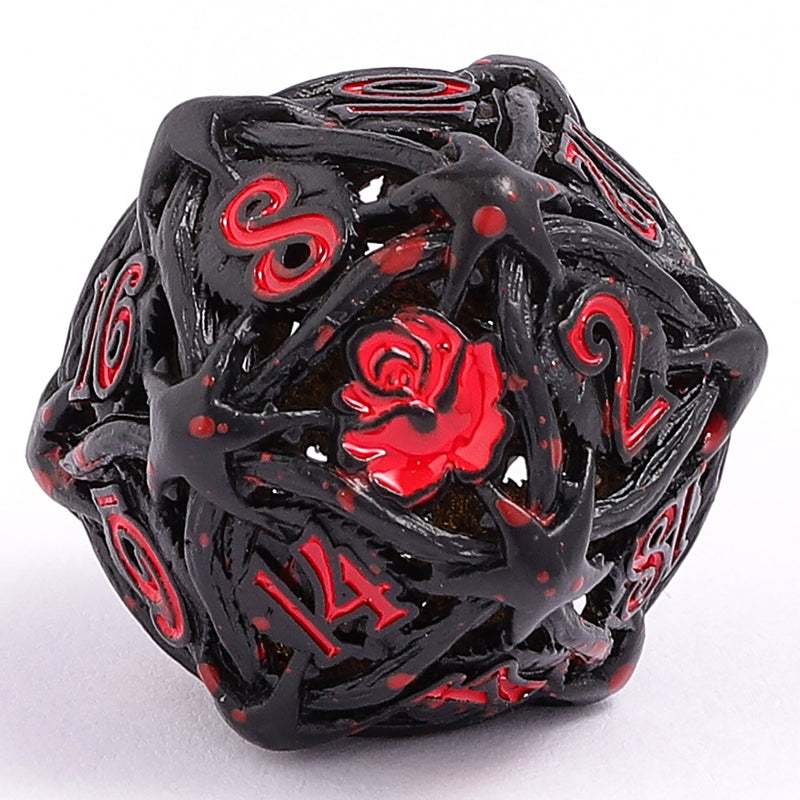Hollow Metal Rose Dice Set - Black w/Blood Splatter
