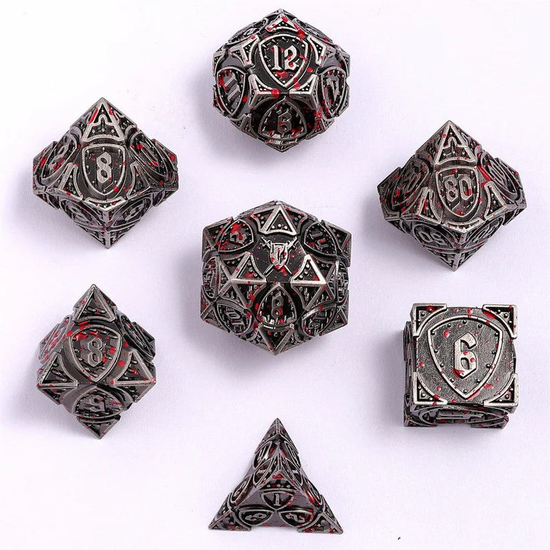 Solid Metal Fighter Dice Set - Ancient Silver w/Blood Splatter