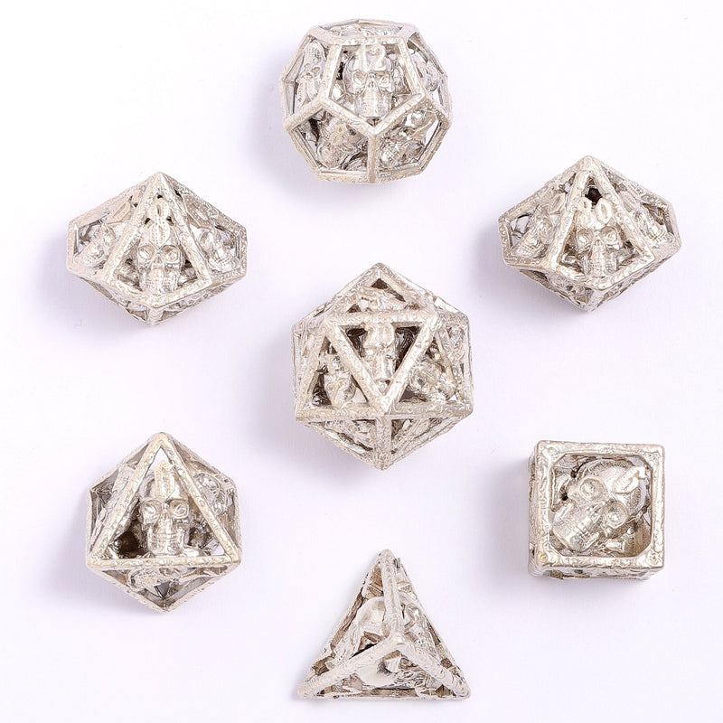 Skulls Grin Hollow Metal Dice Set - Sterling Silver