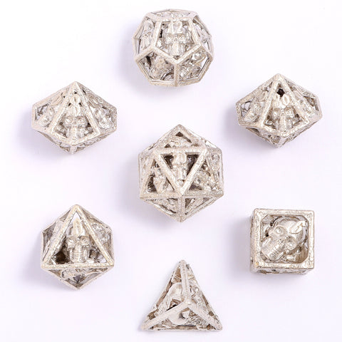 Skulls Grin Hollow Metal Dice Set - Sterling Silver