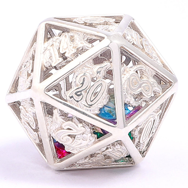 Hollow Dragon Dice Set Filled With Gems - Sterling Silver