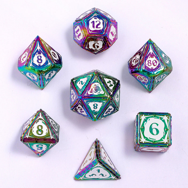 Sorcerer Solid Metal RPG Dice Set - Rainbow w/White