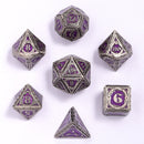 Sorcerer Solid Metal RPG Dice Set - Ancient Silver w/Purple Glitter
