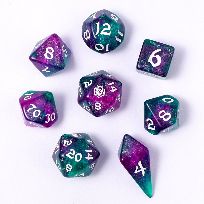 Wyrmforged Rollers - Rounded Edge 8 Piece Dice set - Jesters Cloak