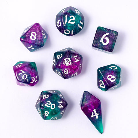Wyrmforged Rollers - Rounded Edge 8 Piece Dice set - Jesters Cloak