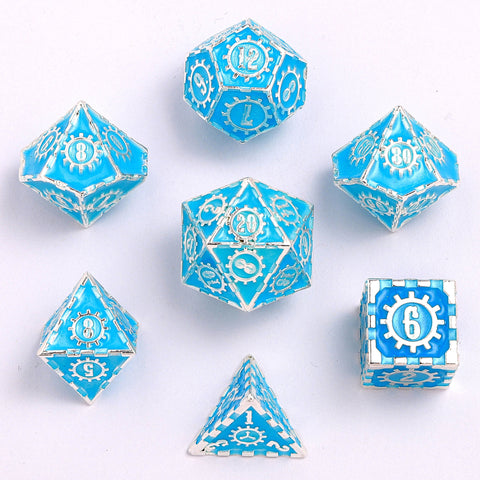 Solid Metal Gear Dice Dice Set - Glow in the Dark Blue