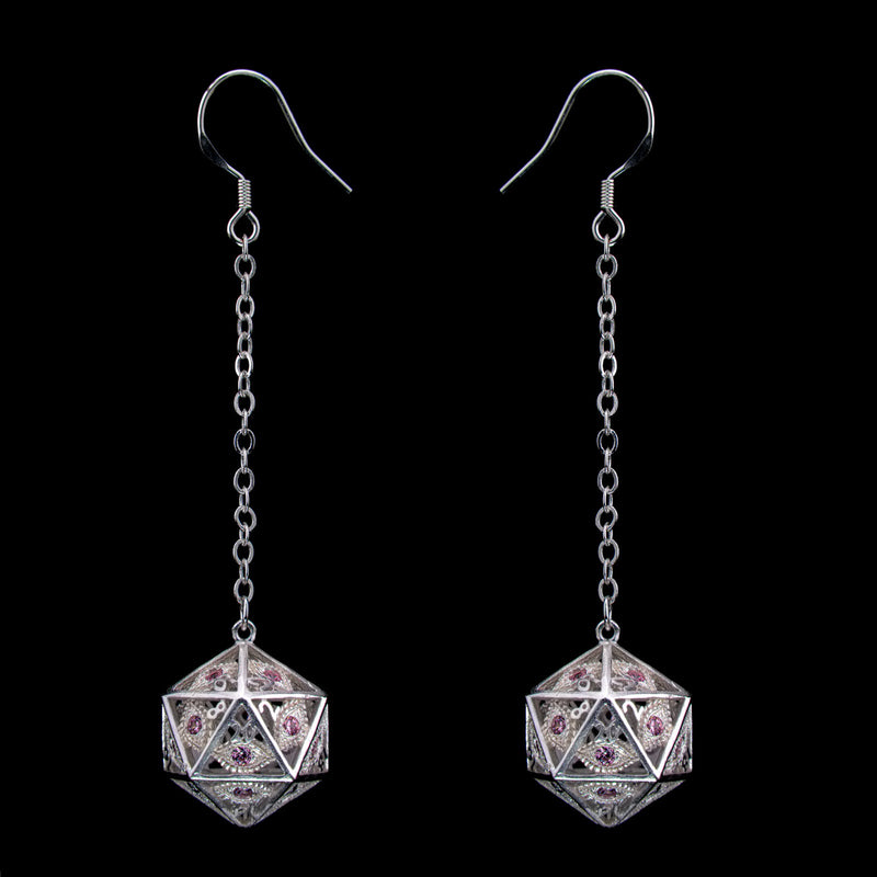 Dragon's Eye D20 Dice Earrings - Silver with Pink Gems