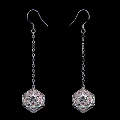 Dragon's Eye D20 Dice Earrings - Silver with Pink Gems