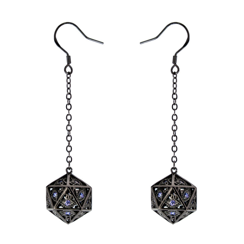 Dragon's Eye D20 Dice Earrings - Gunmetal with Purple Gems