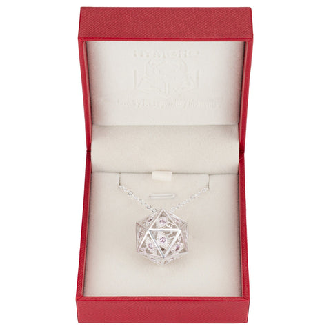 Dragon's Eye D20 Necklace - Silver with Pink Gems