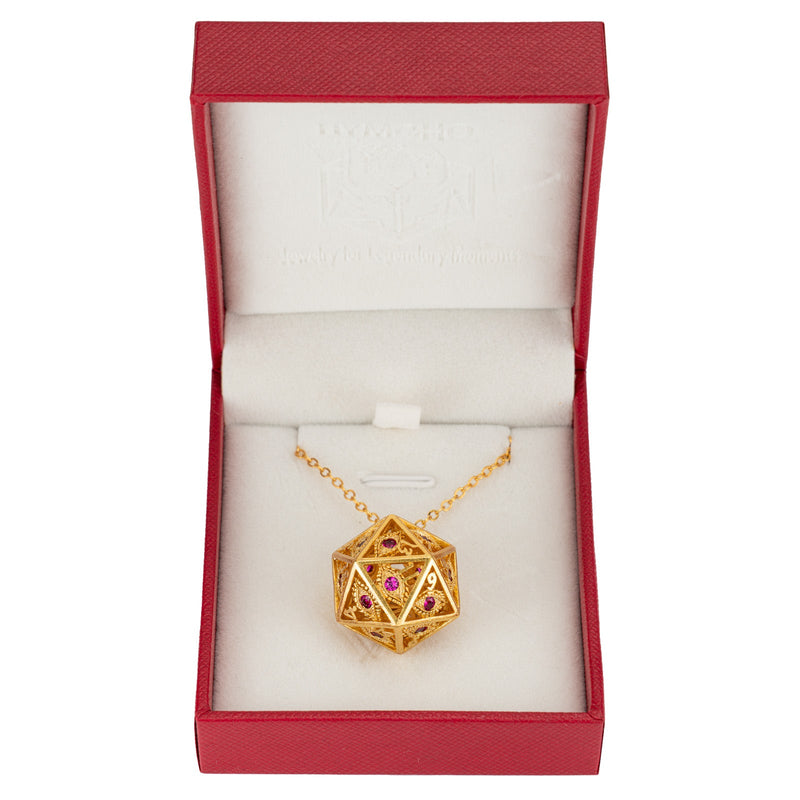 Dragon's Eye D20 Necklace - Gold with Ruby Gems