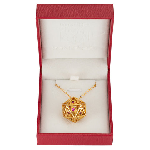 Dragon's Eye D20 Necklace - Gold with Ruby Gems