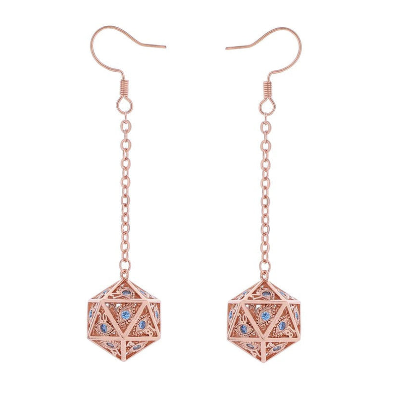 Dragon's Eye D20 Earrings - Rose Gold w/Blue Gems
