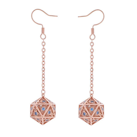 Dragon's Eye D20 Earrings - Rose Gold w/Blue Gems