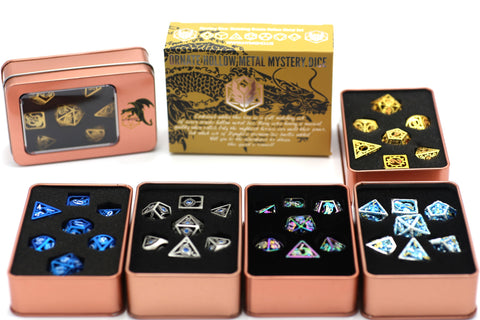 Mystery Set of 7 Matching Ornate Hollow Metal RPG Dice