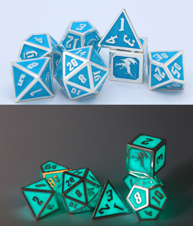 Draconis Solid Metal Dice Set - Glow In the Dark Blue