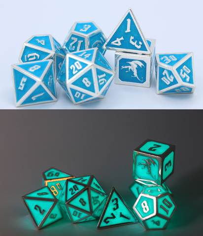 Draconis Solid Metal Dice Set - Glow In the Dark Blue