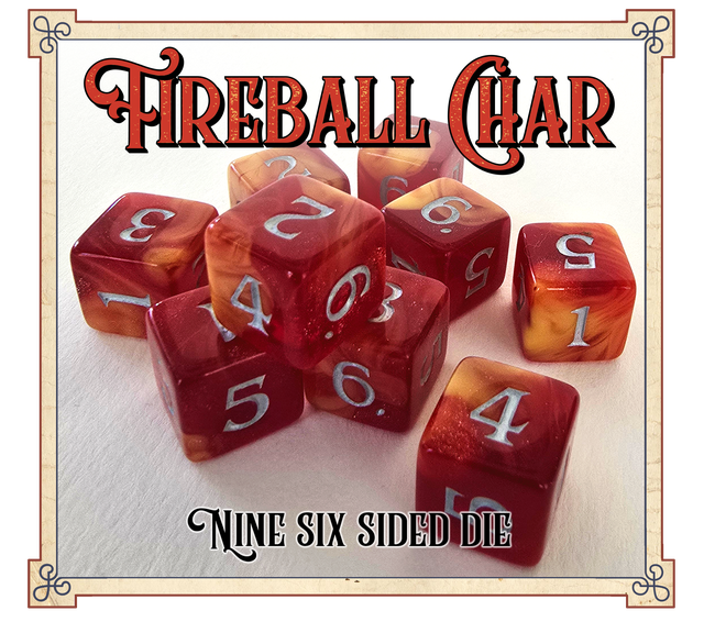9 six-sided Fireball Char Scented Dice