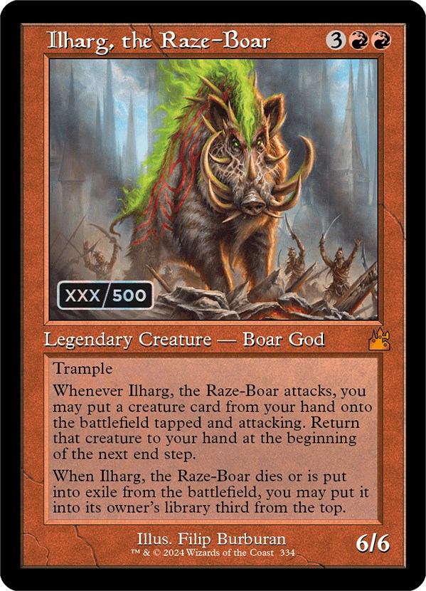 mtg copy card with counters Ilharg, the Raze-Boar (Retro) (Serialized) [Ravnica Remastered]